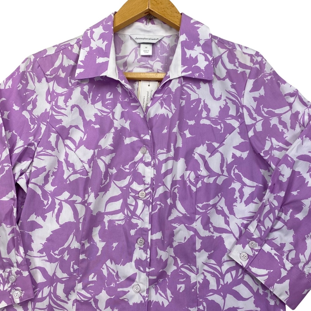 Christopher‎ & Banks Button Down Womens M Purple White Leaf Print 3/4 Sleeve New